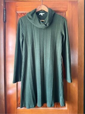 nine britton Olive Ribbed Cowl Neck Long-Sleeve Dress